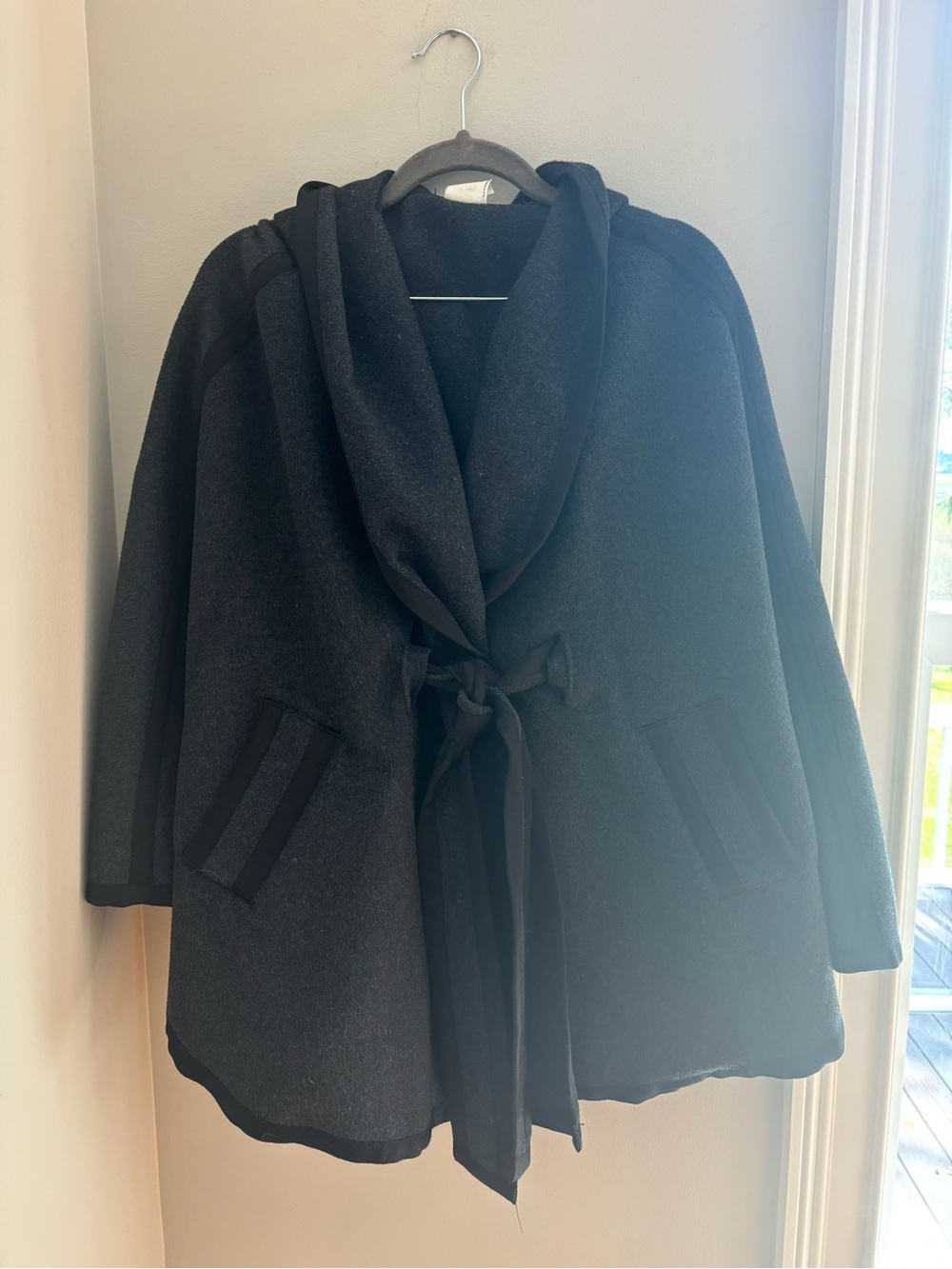 Black Hooded Wrap Cape Coat with Tie Waist